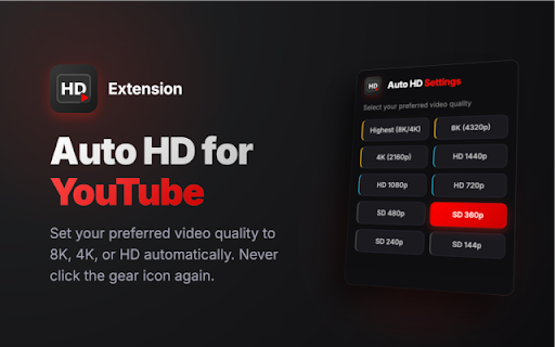 Auto HD 4K 8K for YouTube :: Automatically set your preferred video quality on YouTube. Enjoy videos in HD, 4K, or 8K without manually changing settings.