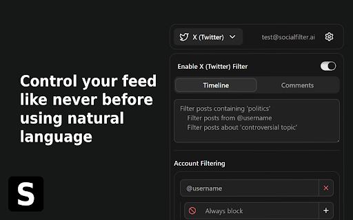 SocialFilter :: AI-powered social media feed filtering. Take control of your feed, stop doomscrolling, and enjoy social media again.