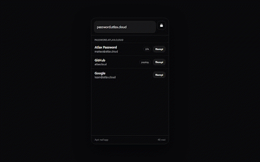 Atlax Password :: Cassaforte zero-knowledge: riempimento, passkey custodite e generatore, senza che il server veda mai un segreto.