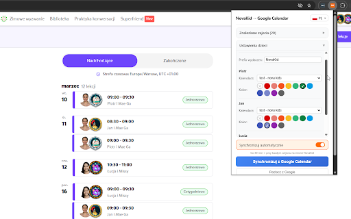 NovaKid to Google Calendar :: Automatically syncs NovaKid English lesson schedule to Google Calendar. Supports multiple children with color coding.