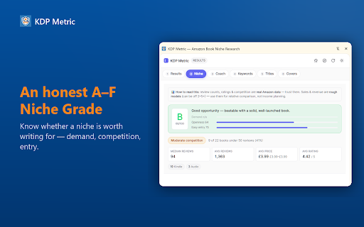 KDP Metric — Amazon Book Niche Research :: KDP book niche research: A–F niche grades, competition & BSR analysis, keyword & title tools — plus Pro Book Audit & on-device AI.