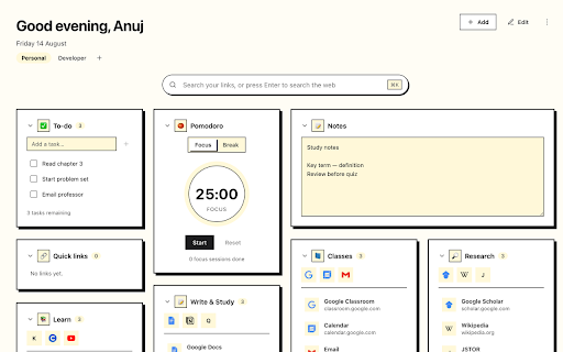 ARC Tab: Productivity Dashboard & New Tab :: A privacy-first custom new tab dashboard. Organize bookmarks, add a Pomodoro timer, to-do list, and notes. No servers or tracking.