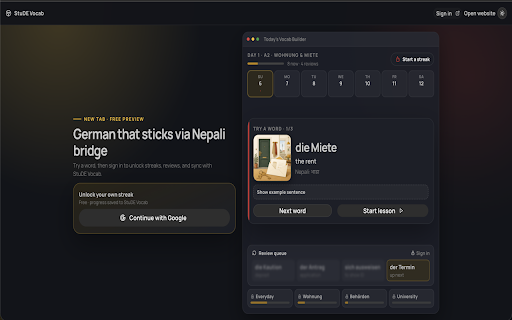 StuDE Vocab Builder :: Turn every new tab into a German vocab lesson — with Nepali bridge that make words stick.