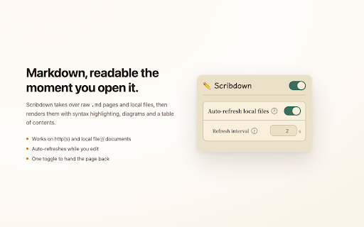 Scribdown :: Renders any .md page or local Markdown file in place — code highlighting, Mermaid diagrams, table of contents.