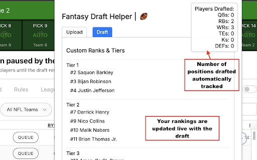 Fantasy Draft Helper :: Enhance fantasy football drafts with custom tiers & rankings and real time insights displayed on draft boards.