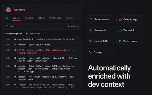 Glitch — Bug Reporter, Screen Recorder & Logs Capture :: Local-first bug reporting tool. Capture screenshots, record tabs, and collect debug info — all stored locally.