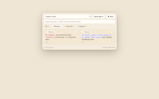 CopyPoppy :: Insert your saved replies and AI-filled templates into any text field. Your phrase library, finished by AI, one click away.