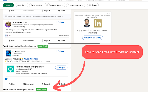 LinkedApply :: Automatically collects emails from LinkedIn posts matching your keywords, quick access “Send Email” button.