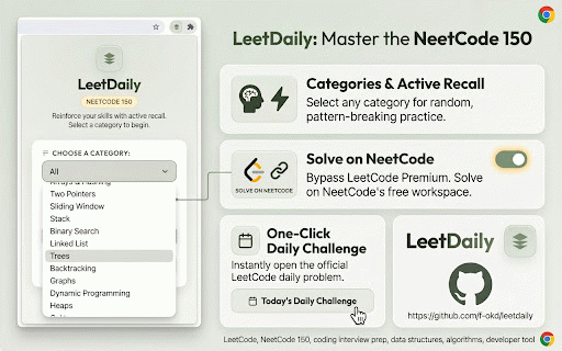LeetDaily - LeetCode & DSA Interview Preparation :: LeetDaily is a lightweight, open-source Chrome extension that helps you reinforce the Neetcode 150 roadmap using active recall.…