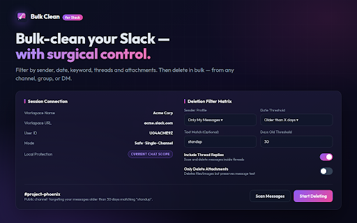 Bulk Clean for Slack :: Bulk delete and clean your Slack messages in channels and DMs with advanced filters, threads, and safety controls.