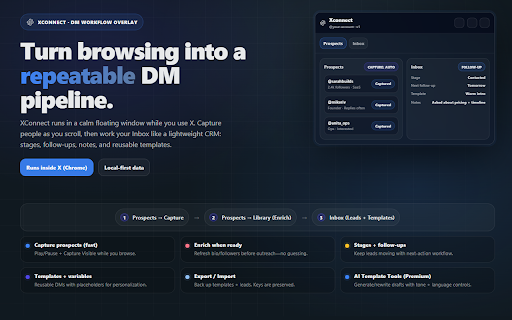 XConnect :: Capture prospects as you browse X, then manage leads and send DMs from a lightweight CRM overlay—all without leaving the platform.