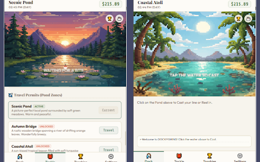 DockFishing :: An ambient, low-stakes idle fishing game popup. Cast your line, upgrade your gear, and collect rare fish.