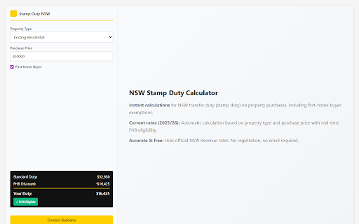 NSW Stamp Duty Calculator 2026 :: NSW transfer duty calculator for property purchases. First home buyer exemptions included. Free by Buildana.