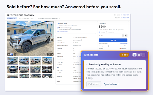 Insurance Lots — Car Auction History & AI Inspector :: Copart auction history on the lot page — past runs, final bids, sellers — plus an insurer filter and AI photo inspection.