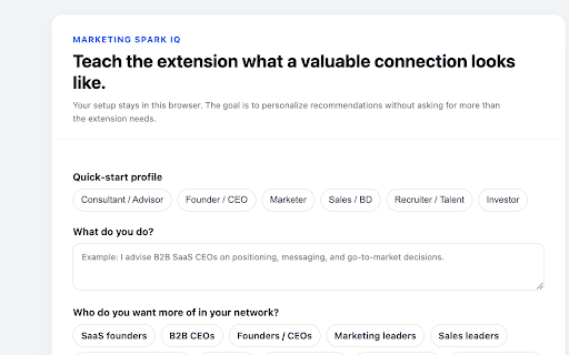 Marketing Spark IQ :: Evaluate LinkedIn profiles against your networking goals and save relationship opportunities.