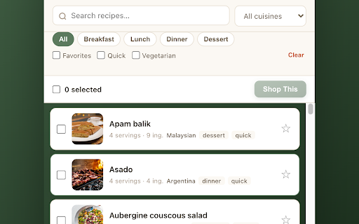 RecipeCart :: Select recipes, compare store prices, and add all ingredients to your grocery cart in one click.