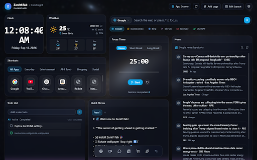ZenithTab - New Tab Dashboard :: A customizable new tab dashboard: drag-and-drop widgets, bookmarks, news, weather, calendar, habits and dynamic wallpapers.