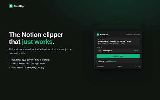 SureClip – Web Clipper for Notion :: Notion web clipper: save any article to Notion as real blocks, or copy it as Markdown. Pick the sections you want. No account.