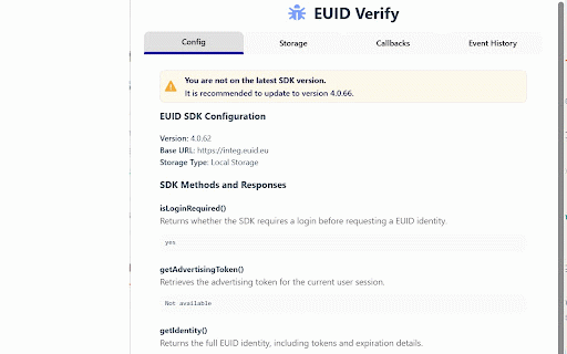 UID Verify :: Debug UID2/EUID implementations: track events, errors, storage, and SDK responses across websites for developers.