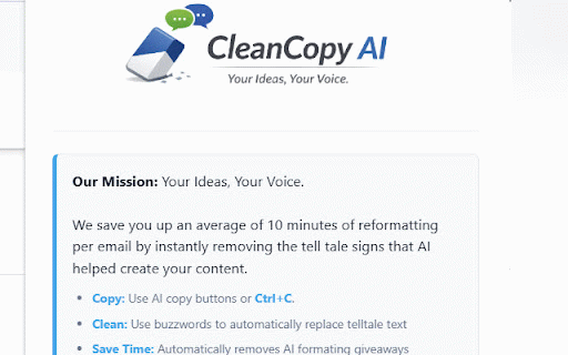 CleanCopy AI :: AI text cleaner. Copy to your clipboard & strip the formatting. Removes tell tale buzzwords; keeps spacing & lists.