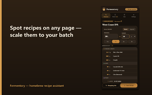 Fermentory — Homebrew Recipe Scaler :: Spot homebrewing recipes on any page — save, scale, and build shopping lists in seconds.