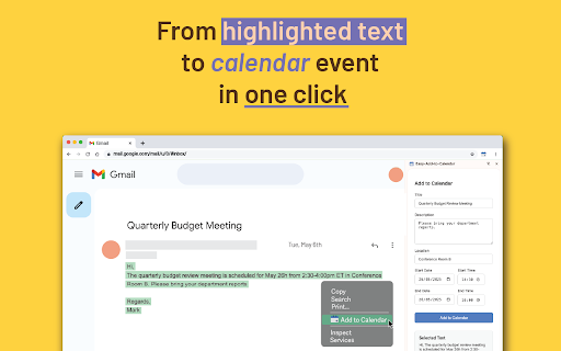 Easy Add to Calendar - Text to Events in Seconds :: Add events to your calendar instantly—just highlight text and right-click. Fast, private, and works with any calendar.