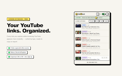 LinkXtract — YouTube Link & Playlist Extractor :: Capture YouTube links while browsing. Save videos, Shorts, playlists & channels. Bulk-extract playlist videos. Export as CSV or TXT.