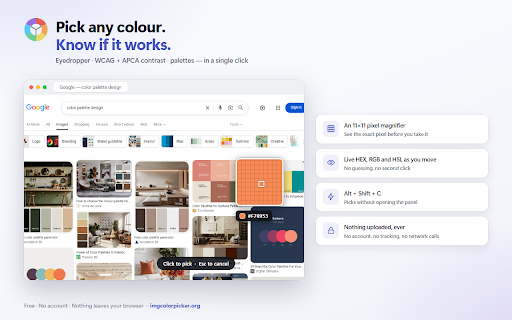 Color Picker & Eyedropper – WCAG Contrast Checker :: Eyedropper color picker with instant WCAG + APCA contrast. Grab HEX, RGB, HSL from any page or image. OKLab palettes, .ase export.