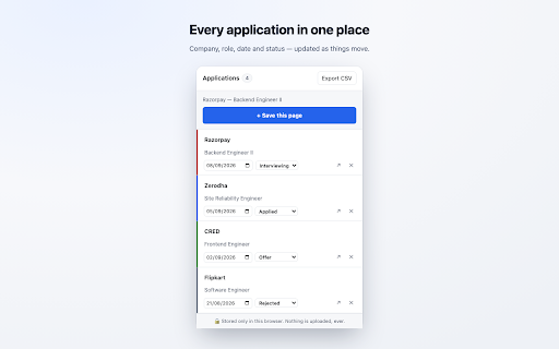 Job Application Tracker :: Save any job posting with one click and track your applications. All data stays in your browser — nothing is ever uploaded.