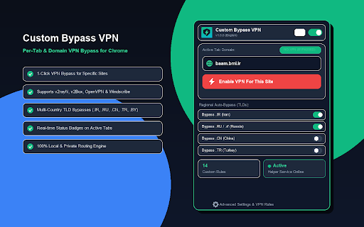 Custom Bypass VPN :: Selectively bypass system VPN for specific Chrome tabs & domains with dynamic PAC proxy routing.