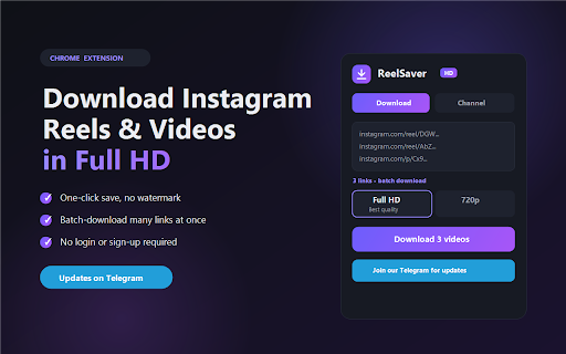 ReelSaver HD — Instagram Video Downloader & Analytics :: Download Instagram Reels & videos in Full HD, batch-save links, and analyze any channel's views, likes & comments.