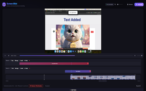 Screen Mint – Screen Recorder & Video Editor :: Record your screen, trim unwanted parts, add custom text, image, audio, video with a built-in multi-track video editor.
