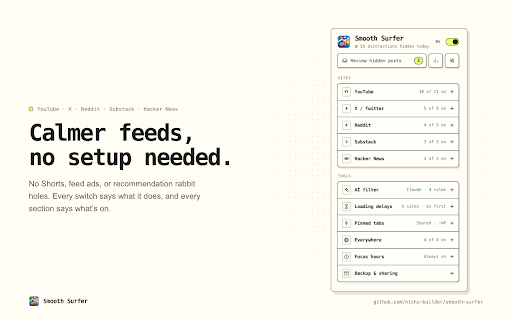 Smooth Surfer :: Filter distracting feeds, add loading delays to habitual sites, and share pinned tabs across Chrome windows.