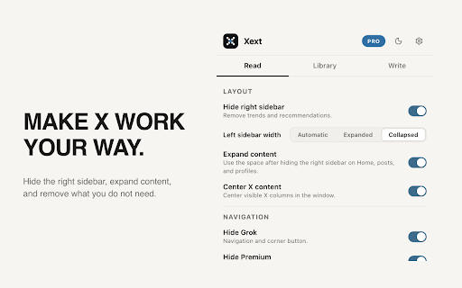 Xext :: Free local tools to read, save, and write on X, with Pro saved post and account tools plus on-device AI.