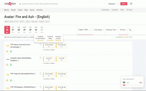 BookMyShow Seat Preview :: Shows available/total seats on hover.