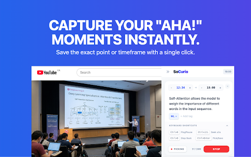 SoCurio: Smart YouTube notes & Timestamps :: The ultimate productivity tool for YouTube. Capture exact timestamps, take instant notes, and organize your insights with tags.