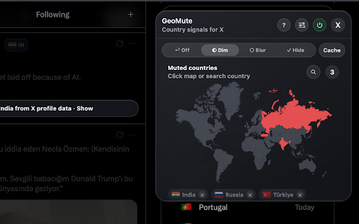 GeoMute for X :: Local-first country signal badges and feed filters for X/Twitter.