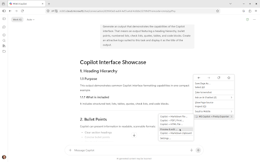 MS Copilot → Pretty Exporter :: Clears Copilot chats of unnecessary elements and exports them to HTML, Markdown, and PDF.