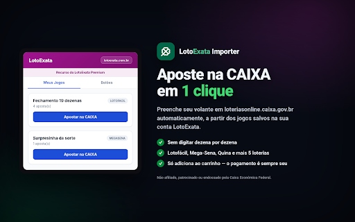 LotoExata Importer (Loterias Online CAIXA) :: Importa jogos de um .txt e preenche o volante da CAIXA. Só adiciona ao carrinho. Não afiliado à Caixa.