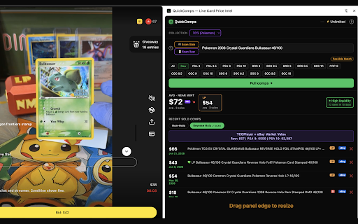 QuickComps — Live Card Price Intel :: AI-powered card scanning surfacing real-time sold comps for Pokémon on Whatnot auctions.