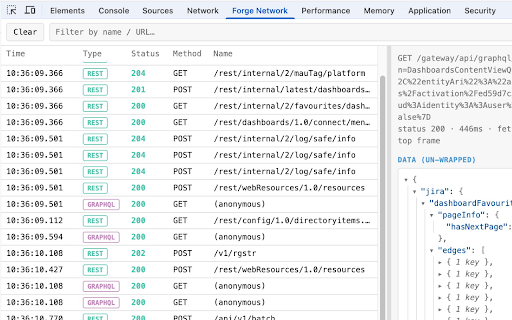 Forge Networking Tool :: Un-wrap Atlassian Cloud (*.atlassian.net) Forge/Connect gadget traffic in DevTools: the real backend request & response.