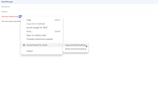 Format Brush for Gmail :: Quickly apply text formatting in Gmail using keyboard shortcuts (Alt+C, Alt+V) or the right-click menu. Robust style handling.