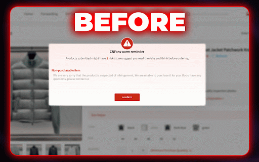 CNfans Warm Reminder Remover by RepGalaxy :: Plugin To Remove Warm Risk Reminder Popup + Yupoo Quick Buy On All Agents. CloneSoles Extension
