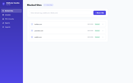 SiteBlocker Guardian :: Block distracting websites. Pomodoro focus mode, category blocking, strict mode, whitelist-only, schedules and PIN. Privacy-first.