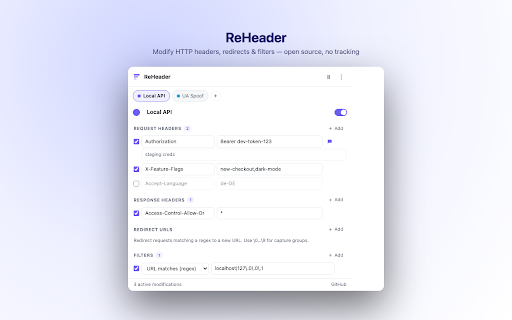 ReHeader — Modify HTTP Headers :: Modify request & response headers, redirect URLs, with profiles, filters and import/export. Open source, no tracking, ever.