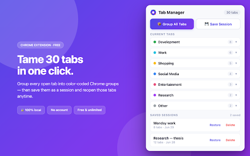 Tab Manager: Group Tabs & Save Sessions :: Group your open tabs into color-coded Chrome groups in one click. Save them as a session and reopen those tabs anytime. 100% local.
