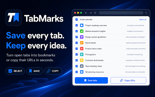 TabMarks :: Save open tabs to a bookmark folder or copy their URLs to the clipboard.