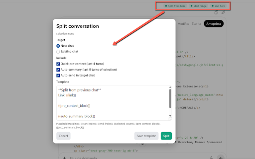 ChatGPT Split & Merge Chats :: Split long chats, move parts to new/existing chats, and auto-carry context