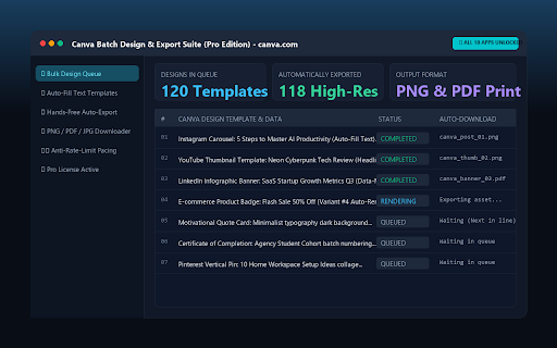Auto Designer for Canva - Bulk Queue & Download :: Automate batch prompt design on Canva. Queue prompts, bulk create assets, and auto-download results at scale.