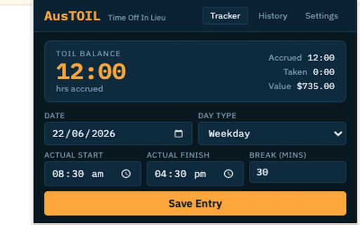 AusTOIL :: Track your Time Off In Lieu under Australian award conditions